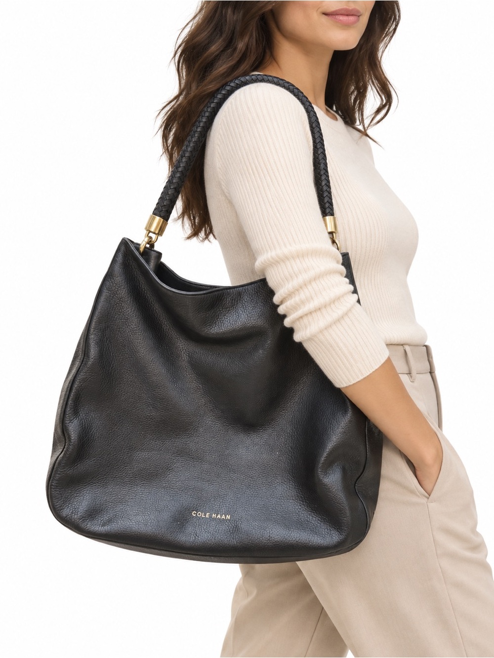 Cole Haan Black Leather Hobo Bag with Braided Handle and Gold Hardware